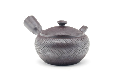 Tezumi — Japanese Kyusu - Engraved Banko-yaki Mesh Teapot - 290ml — side view showing the spout