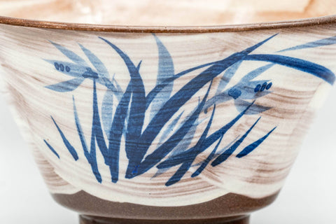Japanese Matcha Bowl - Blue Grass White Hakeme Chawan - 250ml - side view showing the blue grass brushwork