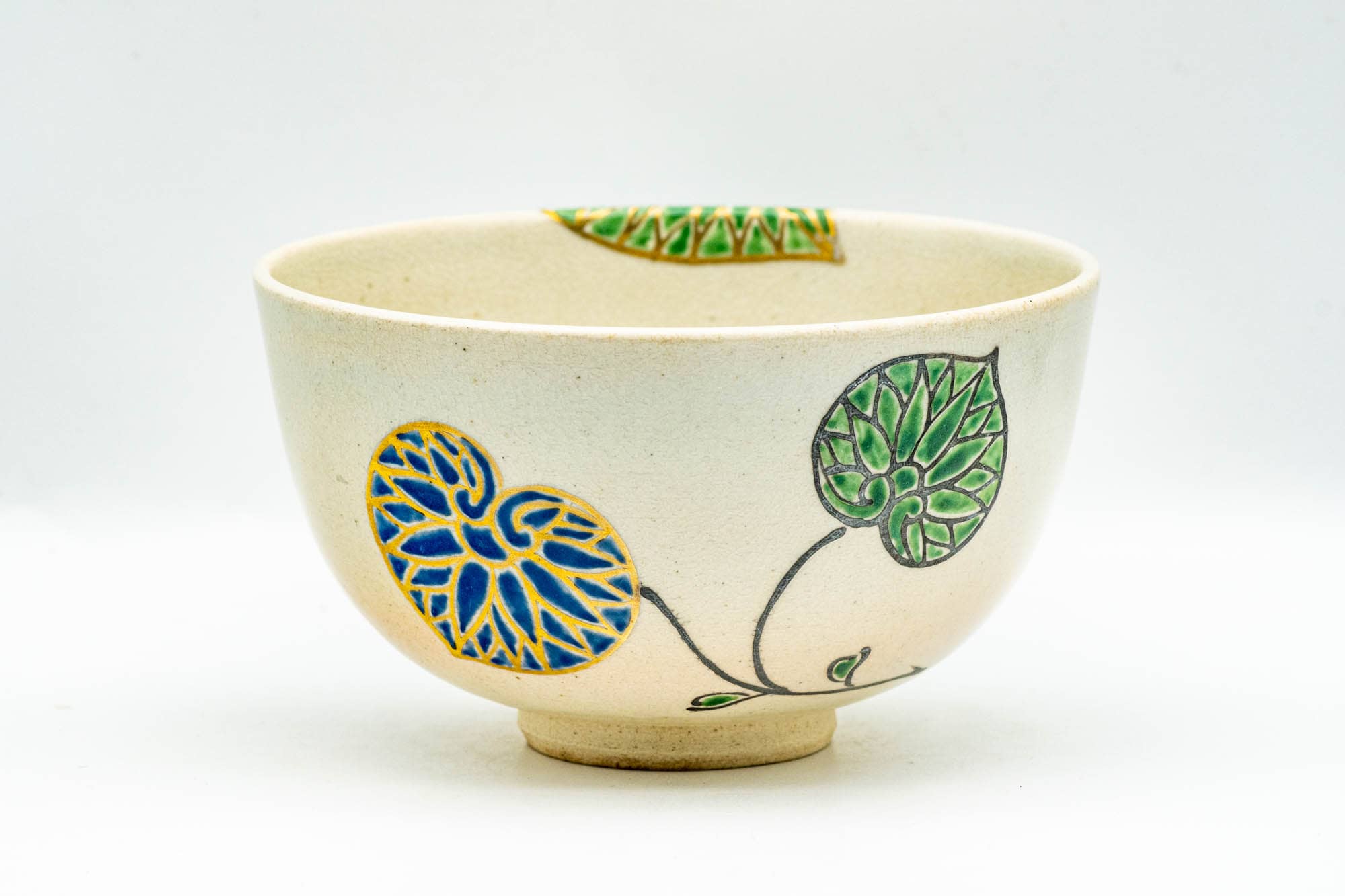 Japanese Matcha Bowl - Gold Green Leaves Kyo-yaki Chawan - 300ml