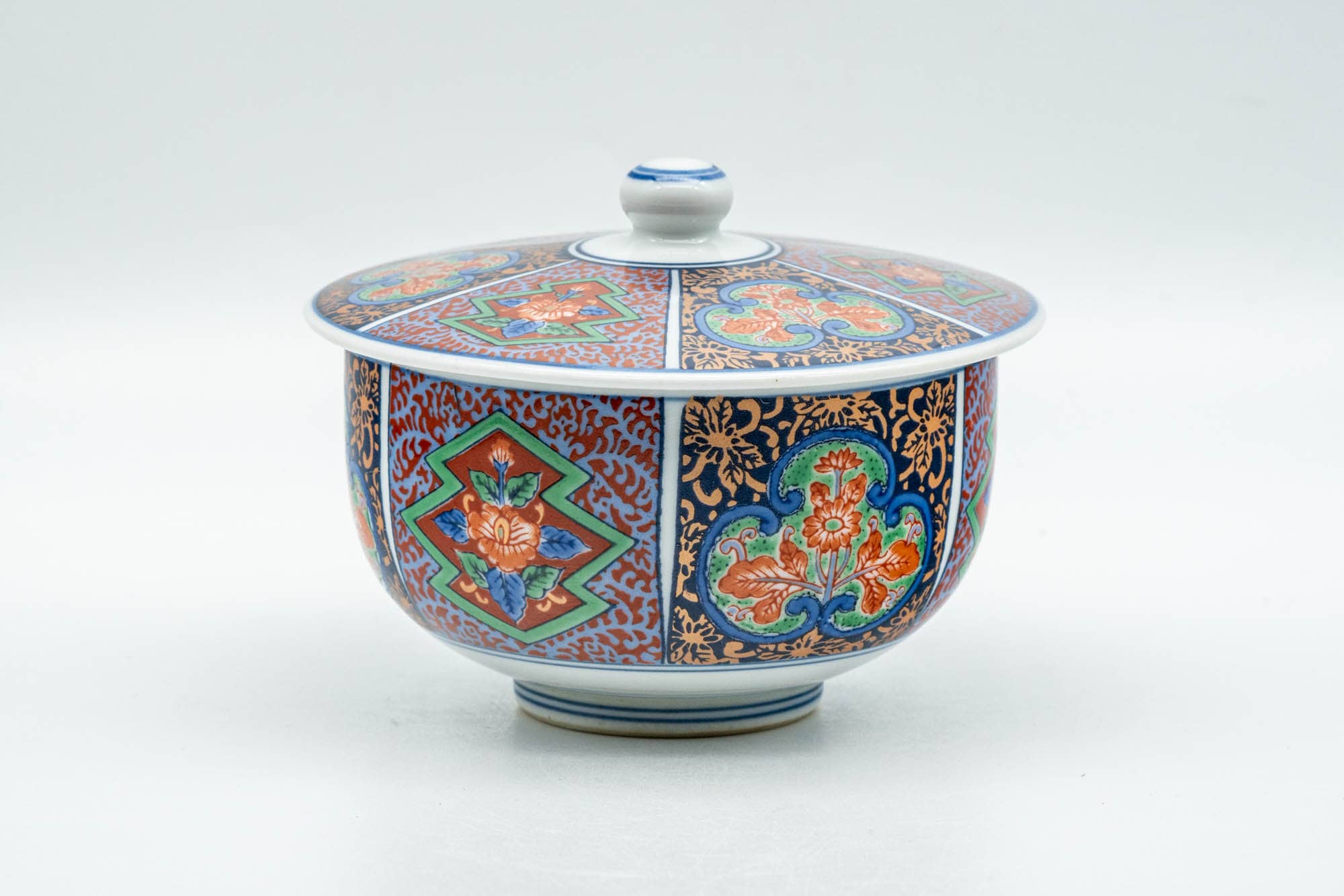 Japanese Teacup - Multi-coloured Geometric Arita-yaki Lidded Yunomi - 120ml - Tezumi