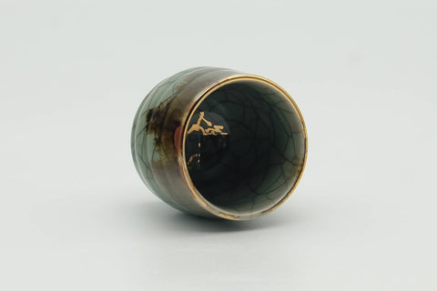 Japanese Teacup - Brown Drip-Glazed Crazed Green Celadon Obori Soma-yaki Guinomi - 40ml