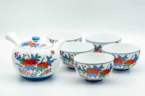 Japanese Tea Set - Floral Arita-yaki Debeso Kyusu Teapot with 5 Yunomi Teacups - the full set, teapot and five teacups