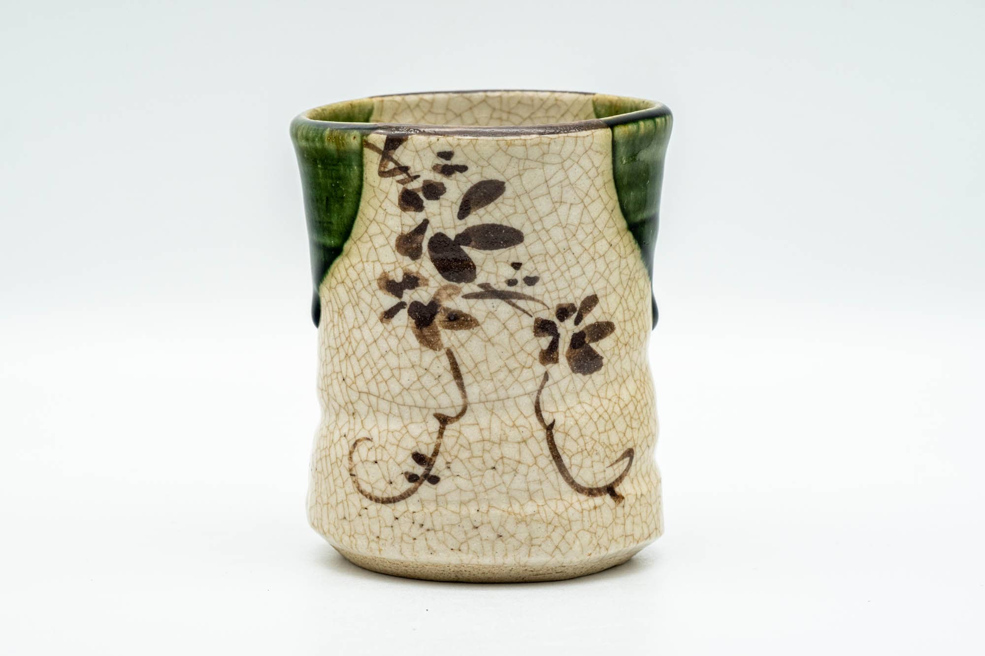 Japanese Teacup - Beige Green Drip-Glazed Floral Oribe-yaki Yunomi - 180ml - Tezumi