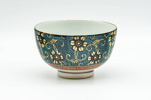 Japanese Teacups - Pair of Floral Aochibu Kutani-yaki Porcelain Yunomi - 80ml - closeup of a single cup