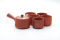 Tezumi — Japanese Tea Set - Bamboo Engraved Tokoname-yaki Kyusu Teapot with 5 Yunomi Teacups — the full set arranged together