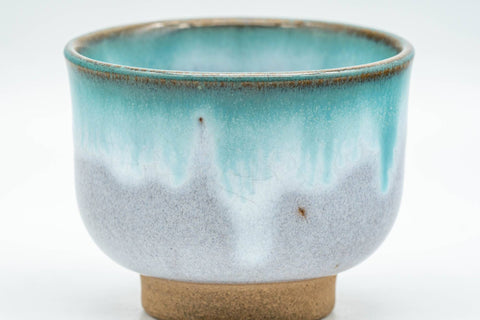 Tezumi — Japanese Teacup - Turquoise Drip-Glazed Agano-yaki Yunomi - 100ml — tipped to show the interior