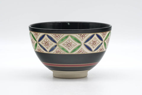 Japanese Matcha Bowl - Geometric Black Glazed Kyo-yaki Chawan - 200ml