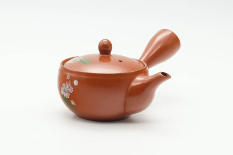 Tezumi — Japanese Kyusu - Floral Painted Red Shudei Tokoname-yaki Mesh Filter Teapot - 150ml — side view with the lid and side handle