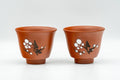 Japanese Teacup - Pair of Ume Red Shudei Tokoname-yaki Guinomi - 60ml - pair side by side showing the plum-blossom motif
