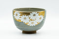Japanese Matcha Bowl - White Floral Gold Green Glazed Wan-nari Chawan - 350ml - front view showing the white flowers and gold trim on sage green glaze