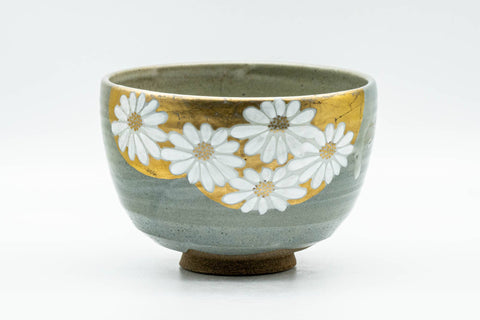 Japanese Matcha Bowl - White Floral Gold Green Glazed Wan-nari Chawan - 350ml - front view showing the white flowers and gold trim on sage green glaze