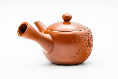 Japanese Tea Set - Camellia Engraved Shudei Tokoname-yaki Kyusu Teapot with 5 Yunomi Teacups