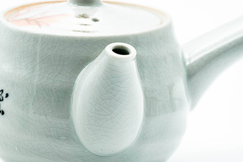 Japanese Kyusu - Red Bamboo Motif Kutani-yaki Porcelain Teapot - 370ml - three-quarter view showing the spout and bamboo motif