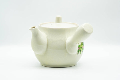 Japanese Kyusu - Beige Green Striped Snow Peas Kutani-yaki Debeso Teapot - 400ml - three-quarter view of the teapot