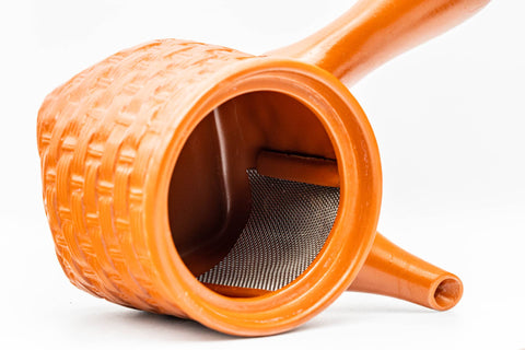 Japanese Kyusu - Basket-Patterned Red Shudei Tokoname-yaki Mesh Teapot - 160ml - top-down view into the interior showing the mesh filter