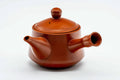 Rear three-quarter view of the red kyusu showing the bamboo-shaped handle.