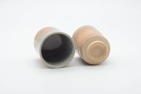 Japanese Teacups - Pair of Kanji Glazed Hagi-yaki Meoto Yunomi