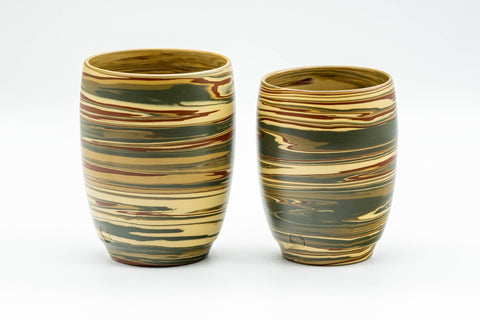 Japanese Teacups - 陶雄 Touyu Koie - Pair of Nerikomi Tokoname-yaki Meoto Yunomi