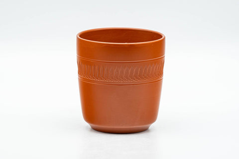 Tezumi — Japanese Teacups - Set of 5 Red Shudei Tochiri Engraved Tokoname-yaki Yunomi - 110ml — three-quarter view
