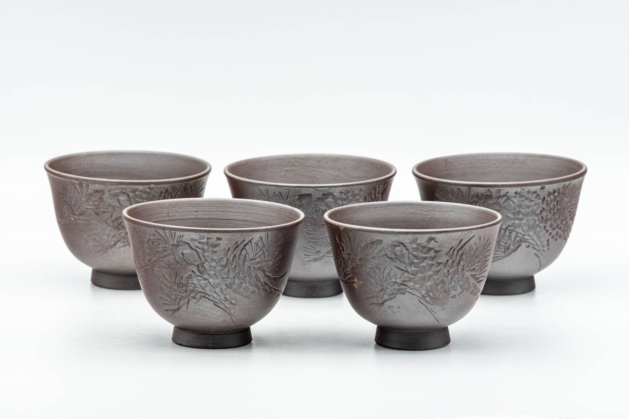 Japanese Teacups - Set of 5 Floral Engraved Banko-yaki Yunomi - 70ml - Tezumi