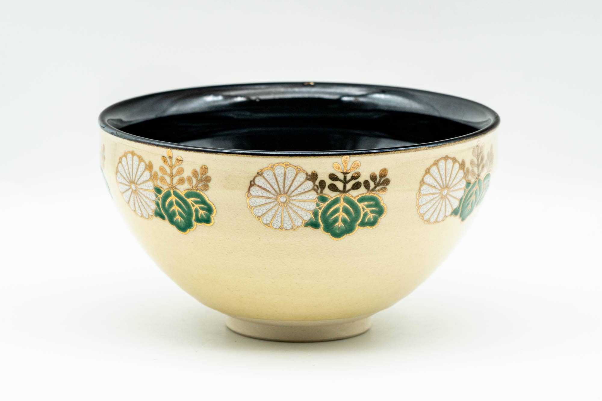 Japanese Matcha Bowl - 貴山 Kiyama - Gold Floral Black Inner-Glazed Kyo-yaki Chawan - 200ml