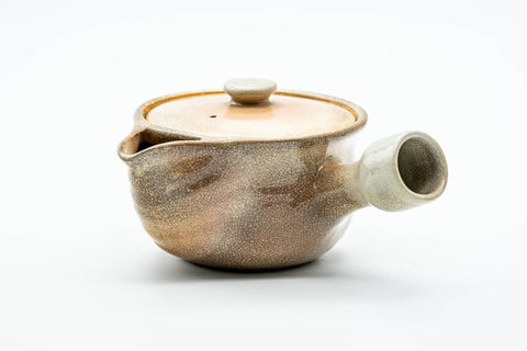 Japanese Kyusu - Weathered Beige Glazed Hagi-yaki Ceramic Filter Teapot - 240ml - rear three-quarter view with the side handle extended