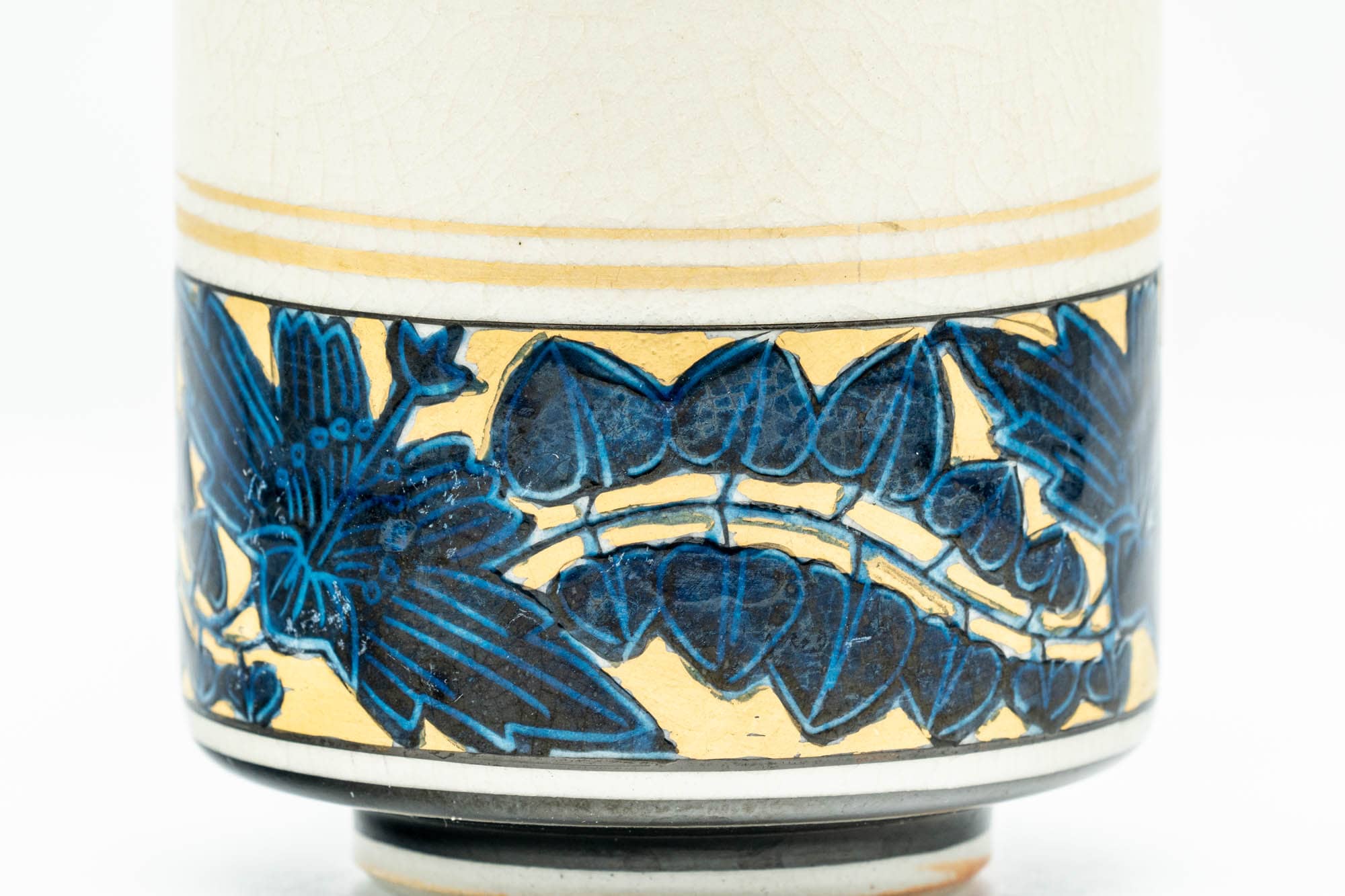 Japanese Teacup - Blue Floral Gold Geometric Kutani-yaki Yunomi - 200ml