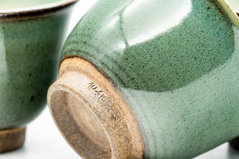 Japanese Teacups - Set of 3 Green Beige Inner-Glazed Agano-yaki Yunomi - 80ml