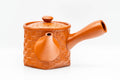 Japanese Kyusu - Basket-Patterned Red Shudei Tokoname-yaki Mesh Teapot - 160ml - side profile with spout to the left showing the basket-weave texture