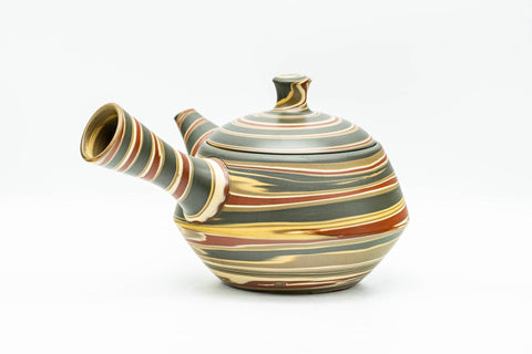 Japanese Kyusu - Green, Red, and Yellow Swirling Nerikomi Tokoname-yaki Do-ake Teapot - 240ml - view from the handle side