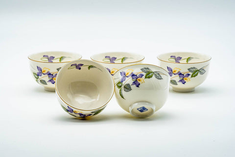 Japanese Teacups - Set of 5 Kozan Kiln Purple Floral Mino-yaki Porcelain Yunomi - overhead grouping with one cup tilted to reveal the glazed interior