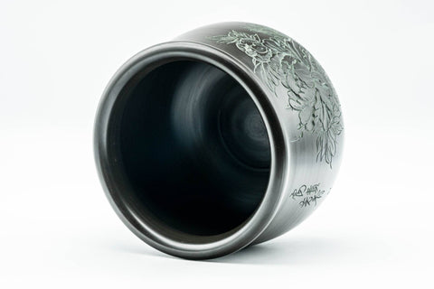 Japanese Kensui - 北龍 Hokuryu - Green Camellia Engraved Black Kokudei Tokoname-yaki Water Bowl - 600ml