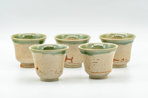 Japanese Teacups - Set of 5 Beige Green Glazed Guinomi - 40ml - all five small cups arranged together