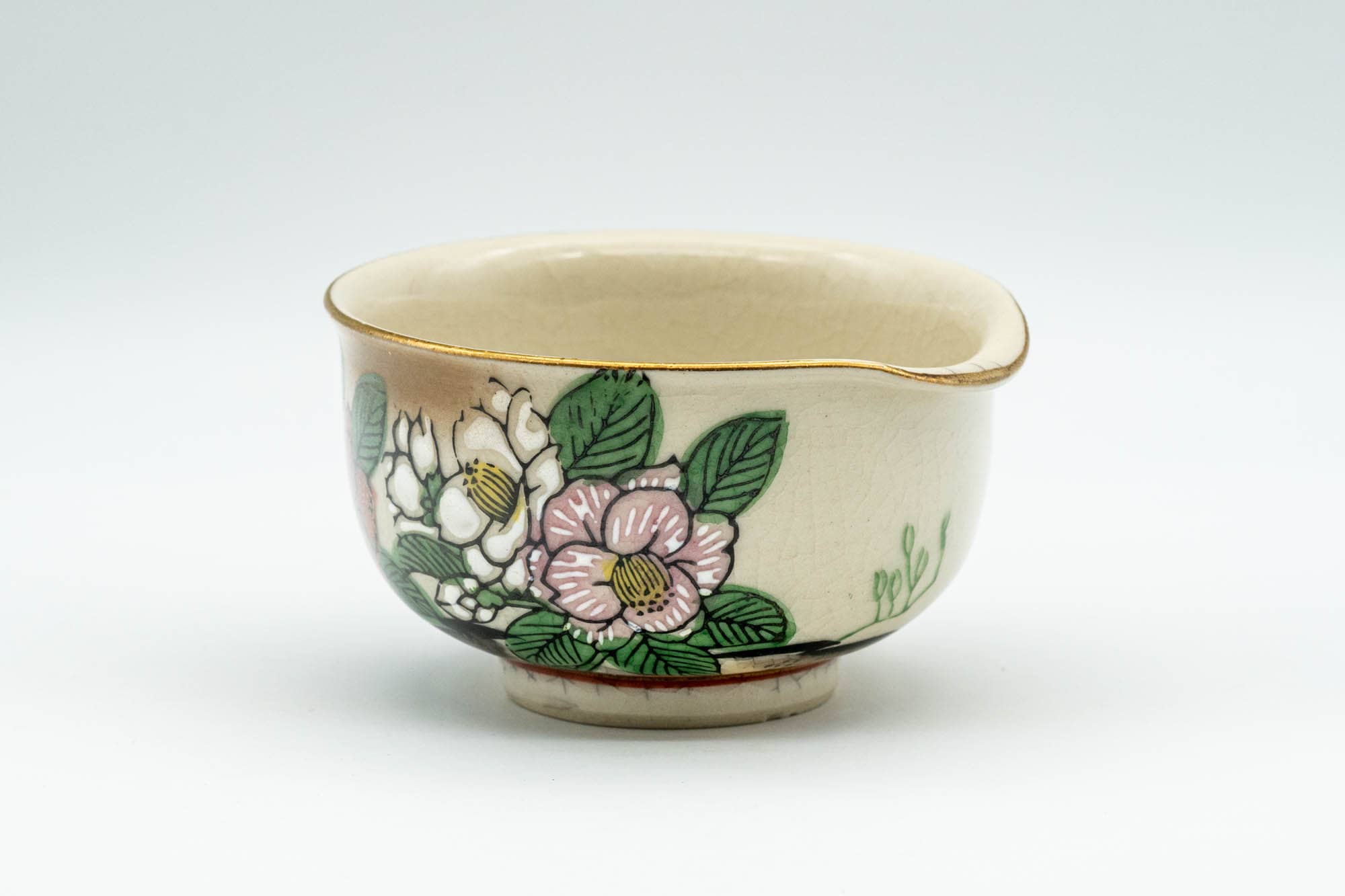 Japanese Katakuchi - Beige Floral Kutani-yaki Porcelain Water Cooler - 100ml - Tezumi