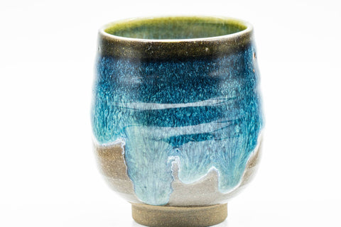 Japanese Teacup - Blue Hare's Fur Drip Glazed Yunomi - 115ml - side view of the drip-glazed cup