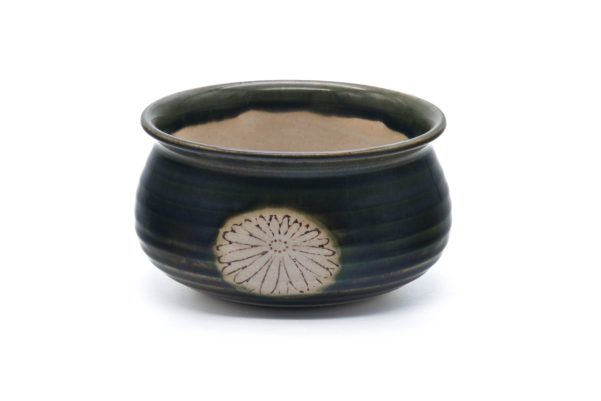 Japanese Kensui - Floral Dark Green Glazed Water Bowl - 650ml