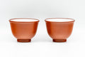 Japanese Teacups - Pair of White Inner-Glazed Tokoname-yaki Guinomi - 55ml - the pair of reddish-brown cups side by side, front view