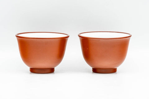 Japanese Teacups - Pair of White Inner-Glazed Tokoname-yaki Guinomi - 55ml - the pair of reddish-brown cups side by side, front view