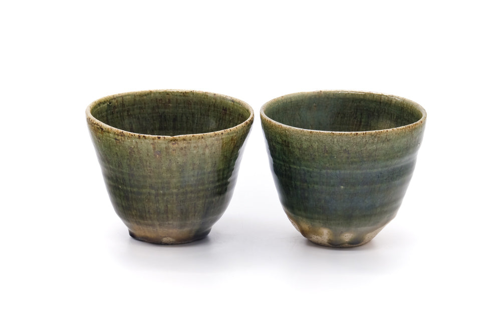 Japanese Teacups - Pair of Large Green Blue Drip-Glazed Yunomi - 300ml
