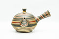 Japanese Kyusu - Green, Red, and Yellow Swirling Nerikomi Tokoname-yaki Do-ake Teapot - 240ml - side view showing the side handle and spout