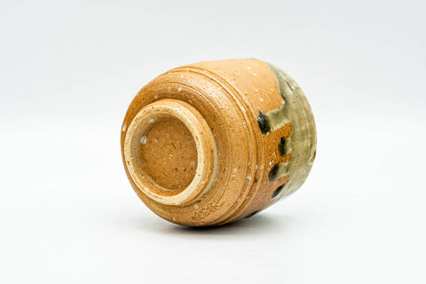 Japanese Teacup - Orange Green Drip-Glazed Shigaraki-yaki Yunomi - side view showing drip glaze running down the body