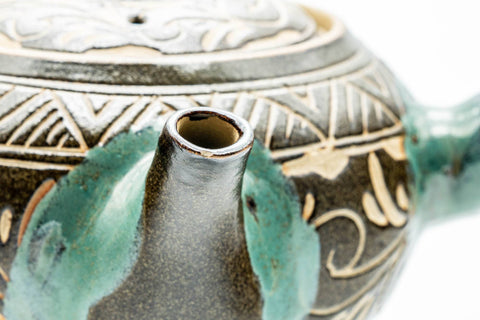 Japanese Tea Set - Floral Geometric Large Kyusu Teapot with 2 Yunomi Teacups