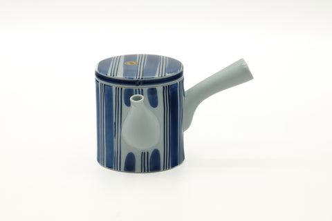 Tezumi — Japanese Tea Set - Blue White Arita Porcelain Kyusu Teapot with 5 Yunomi Teacups — the teapot in three-quarter view