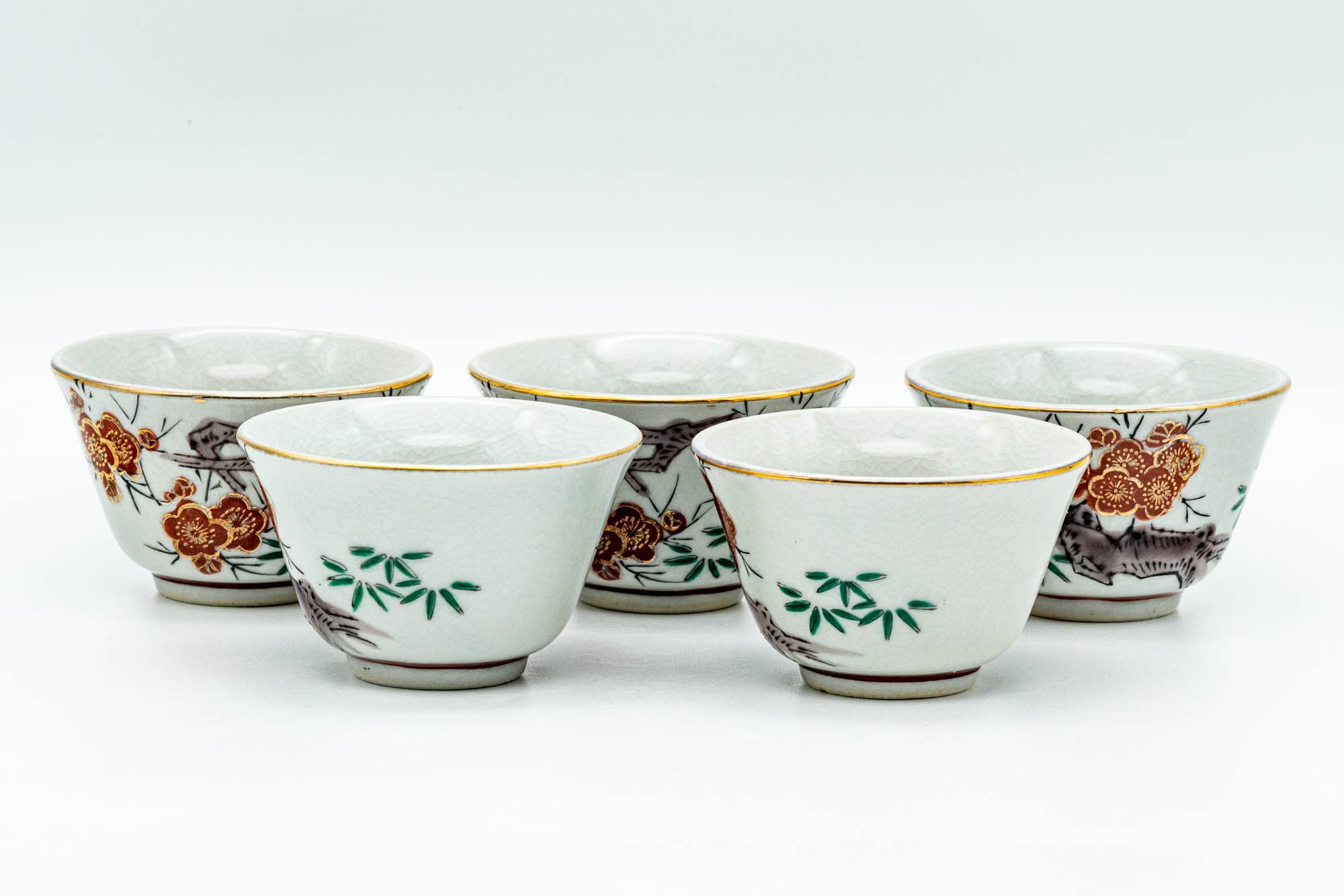 Japanese Tea Set - Floral Kutani-yaki Kyusu Teapot with 5 Yunomi Teacups