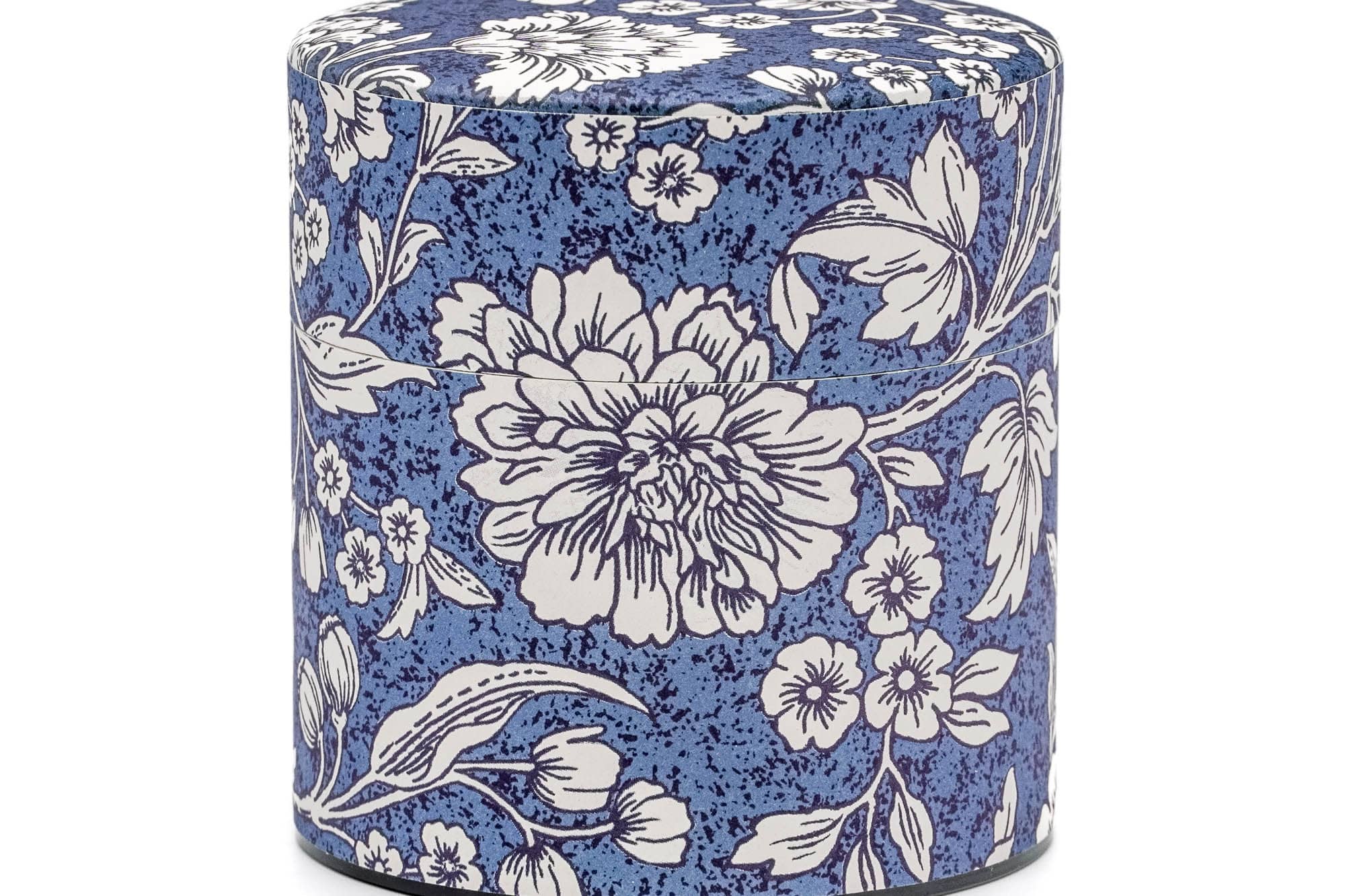 Japanese Chazutsu - 江東堂 Kotodo - Blue White Floral Washi Wrapped Metal Tea Canister - 100g