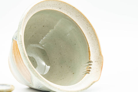 Japanese Tea Set - Hare's Fur Drip-Glazed Akogi-yaki Shiboridashi Teapot with 5 Guinomi Teacups - closeup of a single teacup showing the glazed interior