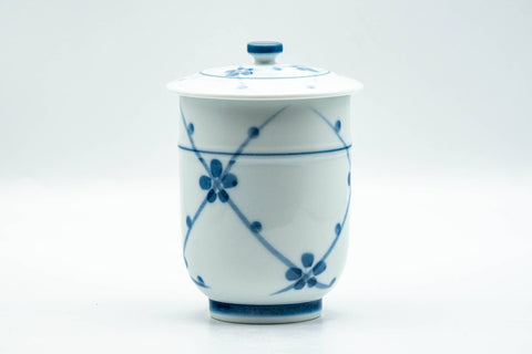 Japanese Teacup - Blue Floral Geometric Arita-yaki Lidded Yunomi - 160ml