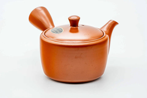 Red shudei Tokoname kyusu, three-quarter view with the spout to the right and handle to the left