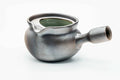 Dark yohen lidless kyusu, three-quarter view from the rear with the spout to the right