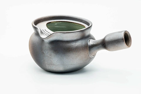 Dark yohen lidless kyusu, three-quarter view from the rear with the spout to the right